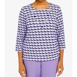 NEW Alfred Dunner L "Picture Perfect" Blue Purple Geometric Knit Blouse Top